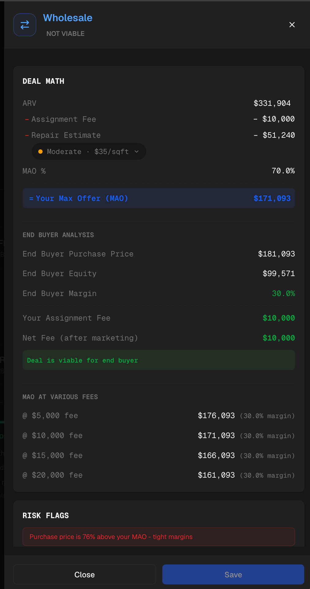 DealWave deal math showing AI-powered wholesale analysis calculations
